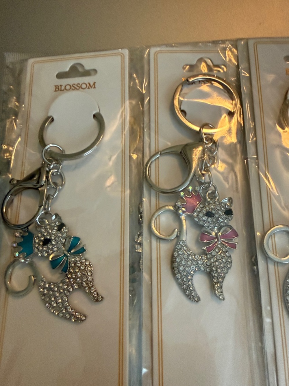 12 Pack Blossom Crystal Kitty Keychains Set in Silver & Gold Tone
